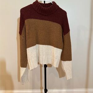 Pink Rose Colorblock Cowl Neck Sweater in Burgundy, Brown & Cream